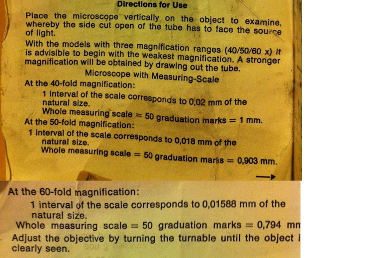 foglio istruzioni microscopio Schweizer senza led a 3 ingrandimenti 40x-50x-60x